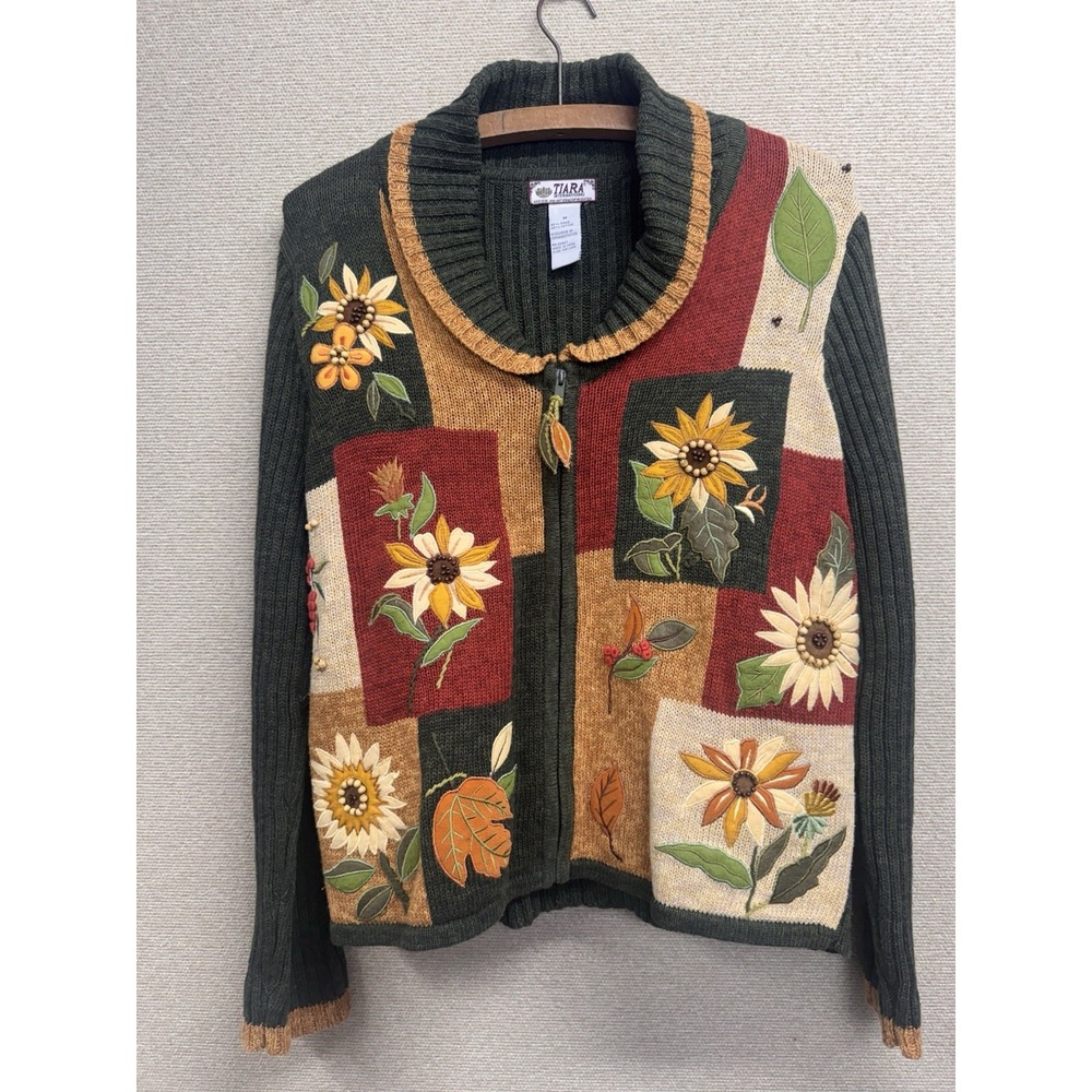 🍁 Cozy Autumn Patchwork Sweater By TIARA INTERNATIONAL Womens Size Medium 🍂